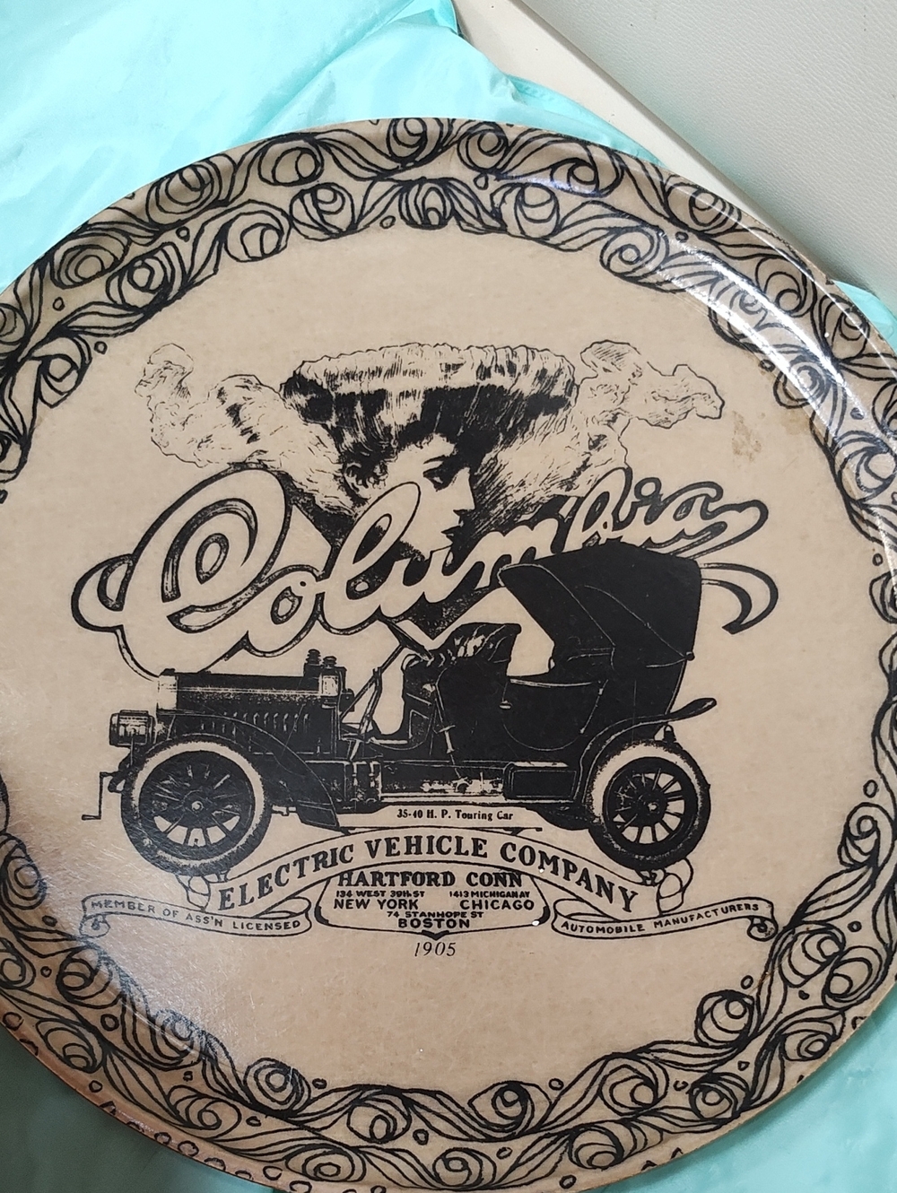 Columbia Black on Tan Decorative Plastic Tray With Vintage Car Graphic